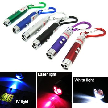 Laser Pointer with Red Laser, UV Light & LED Light + key clip, 6pc