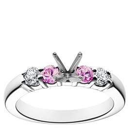 18k White Gold Prong-Set Engagement Ring Setting with Diamond and Pink Sapphire Sidestones (1/5 cttw)