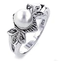 Sterling Silver Pearl Marcasite Ring Size - Size 7.5
