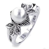Sterling Silver Pearl Marcasite Ring Size - Size 7.5