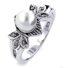 Sterling Silver Pearl Marcasite Ring Size - Size 7.5