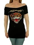 New Ed Hardy Black Mesh Double Long Sleeve Tunic T-Shirt With Multi Color Crystal - Tiger Head #S822D06