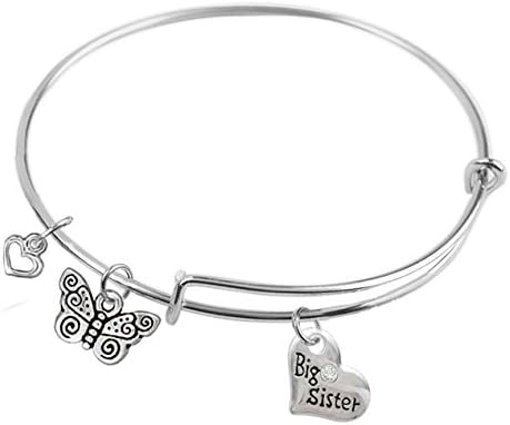 65mm, Expandable Wire Bangle bracelet with Big Sister, Butterfly and Small Heart charms, Qty:1