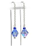 0.8mm Sterling Silver Threader Short Dangle Earring w. Long Straight Bar & Swarovski Blue Sapphire Crystal (3146)