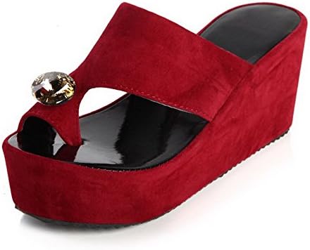 Kvoll Womens Open Toe High Heels Suede Solid Slippers with Studded Rhinestones, Red, 36