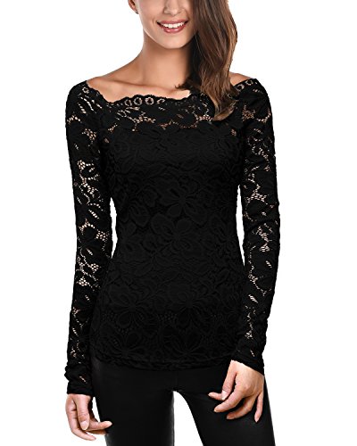 DJT Womens Boat Neck Floral Lace Raglan Long Sleeve Shirt Top