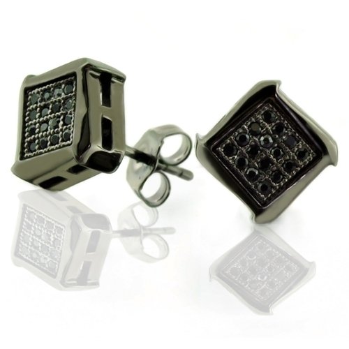 Bling Jewelry Mens Blackout Micro Pave Onyx CZ Silver Stud Earrings - 8mm