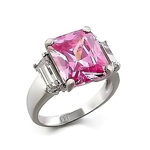 Bling Jewelry Sterling Silver Emerald-Cut Pink CZ Three Stone Engagement Ring