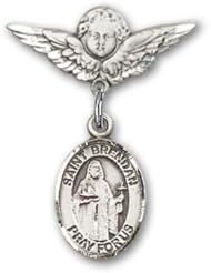 Sterling Silver Baby Badge with St. Brendan the Navigator Catholic Saint Brendan Patron Saint of Sailors, Military, Seafarers, Navigators Charm and Angel W/wings Badge Pin