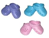 Three (3) Garden Clogs: Pink, Purple, and Turquoise. Doll Shoes for 18