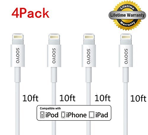 (4Pack) SOOYO(TM) 10ft 8-Pin Lightning to USB Cable Sync and Charging Cord Wire for iPhone 6/6s iPhone 6/6s Plus iPhone 5 5c 5s iPad 4 Mini Air iPod Nano 7 iPod Touch 5(10ft,White)