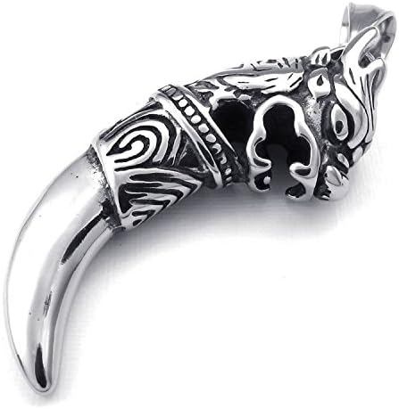 Mygoodie Jewelry Mens Biker Gothic Dragon Tooth Stainless Steel Pendant Necklace, Silver, 18-26 inch Chain