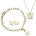 Yellow Gold Overlay Sterling Silver Girl's Butterfly Earrings, 6" Bracelet, and 13" Pendant Set w/ Diamond Accent