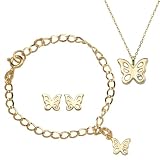 Yellow Gold Overlay Sterling Silver Girl's Butterfly Earrings, 6 Bracelet, and 13 Pendant Set w/ Diamond Accent