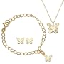Yellow Gold Plated Sterling Silver Diamond-Accent Girl's Butterfly Earrings, 6" Bracelet, and 13" Pendant Set