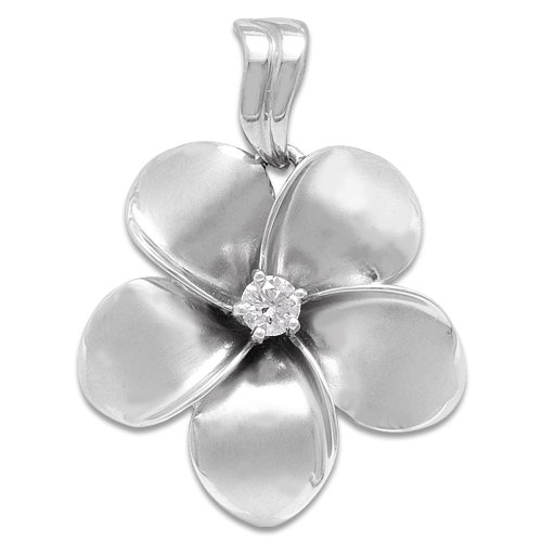 Plumeria Pendant with Diamond in 14K White Gold - 28.5mm