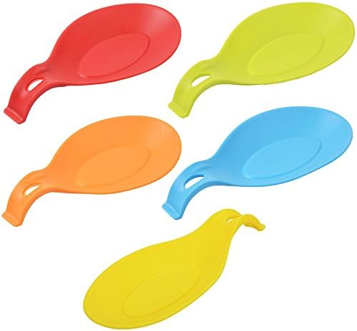 Poproo Silicone Spoon Rest Set Dishwasher Safe for Spoon Spatula Brush Cutlery - Red, Orange, Blue, Green, Yellow, Pack of 5