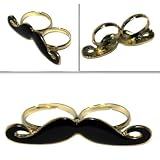 Black Enamel Double Finger Moustache Ring Adjustable Retro Vintage Kitsch