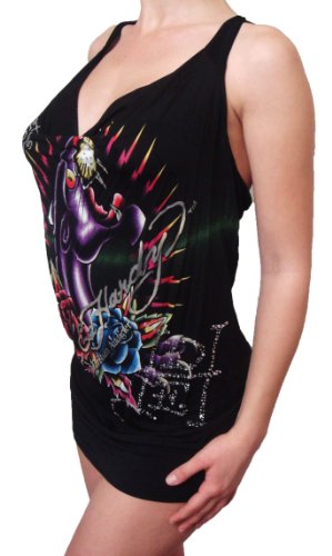 New Ed Hardy By Christian Audigier Lona Black Panter Tattoo Rhinestone Plus Size Dress (2X)