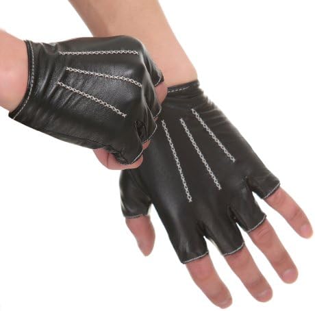 Cyrilus Authentic Men's Driving lampskin Fingerless Leather Gloves 3 lines CYM1314 (M, Black)
