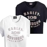 Harley-Davidson® Women's 105th Anniversary Short Sleeve T-Shirt-LIMITED EDITION. Studs and graphic. Black or White. 96122-08VW; 96121-08VW