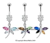 MULTI-COLORED WINGED DRAGONFLY BELLY RING BNADFL25C- SAPPHIRE/PURPLE/TOPAZ/BLACK