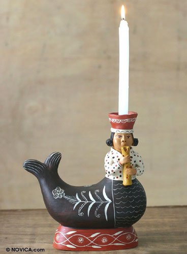 Ceramic candleholder Andean Mermaid with Flute