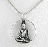 Round Sitting Buddha in Sterling Silver on an 18 Rhodium and Sterling Snake Chain, #8506