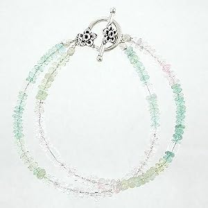 Two Strand Green, Blue and Pink Aquamarine Gemstone Beaded Bracelet with Flower Design Toggle, 7" Length, #8049
