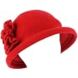 100% Wool Winter Cloche Bucket Flower Leaf Crushable Hard Brim Church Hat Red