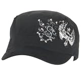 New Cadet Cross Wing Crystal Frayed Cabby Cap Hat, Black