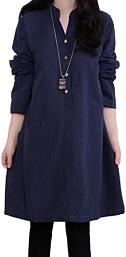 VENTELAN Women's Long Sleeve Casual Cotton Blended Stand Collar Loose Fit Dress