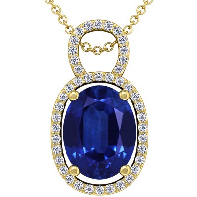 14K Yellow Gold Oval Cut Blue Sapphire And Round Diamond Pendant (GIA Certificate)