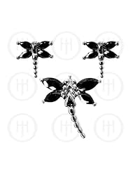Sterling Silver -Dragon Fly Earrings Pendant Set Black (PS-1023-B)