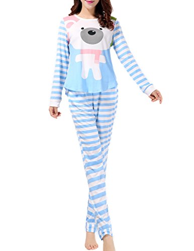 VENTELAN Women Long Sleeve Teddy Bear Round Neck Pajamas Set Striped Sleepwear