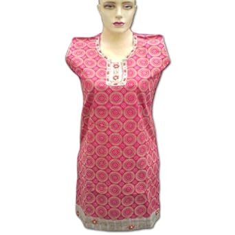 Handmade Block Printed Ladies Cotton Top Jute Work On Neck With Sequins & Beads 
