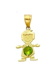 14K Yellow Gold August CZ Birthstone Boy Charm Pendant for Baby and Children (Peridot, Light Green)