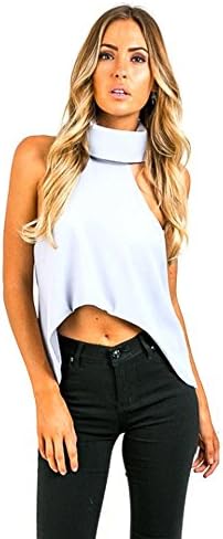 TrendsGal Women's Casual Simple Turtleneck Asymmetrical Crop Blouse(Light Blue L)