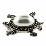 Vintage Inspired Simulated Pearl Turtle Pin with Marcasite