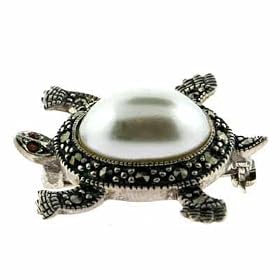 Vintage Inspired Simulated Pearl Turtle Pin with Marcasite