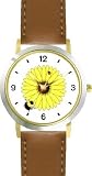 Bee & Ladybug or Lady Bug on Black Eyed Susan Flower - Bee or Bumblebee - JP - WATCHBUDDY��� DELUXE TWO-TONE THEME WATCH - Arabic Numbers - Brown Leather Strap-Size-Large ( Men's Size or Jumbo Women's Size )