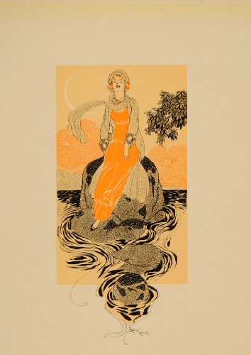 1913 Art Nouveau Woman Lady Water Rock Color Print - Original Print