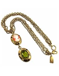 Italian-Made Olivina Noble Family Brass Cameo and Green Quartz Necklace Finished in Antique Gold