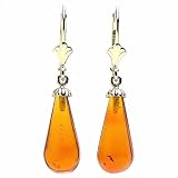 14 Karat Yellow Gold Russian Baltic Honey Amber Teardrop Leverback Earrings 16mm Teardrop