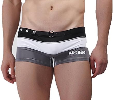 ByCang Men's Summer Stretch Buckle Swimwear Strips Swimming Trunks (BlackGrey Size L)