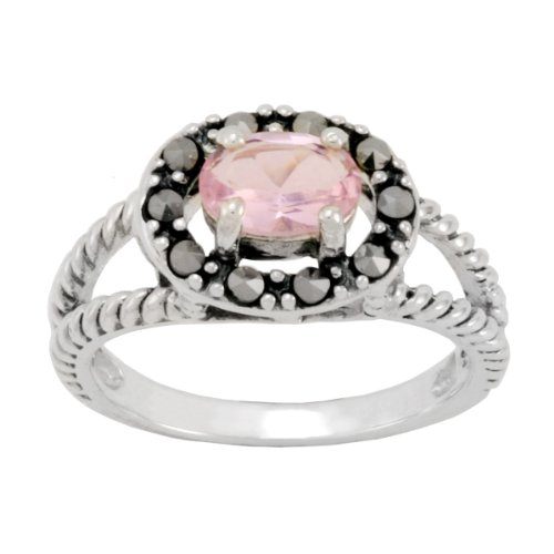 Sterling Silver Marcasite Pink Glass Rope Textured Ring, Size 7