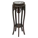EXP Antique Style 35" Tall Accent / End Table With Mahogany Finish, Carved Trim & Marble Top