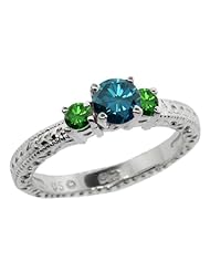 0.79 Ct Round Blue and Green Diamond 18K White Gold 3-Stone Ring