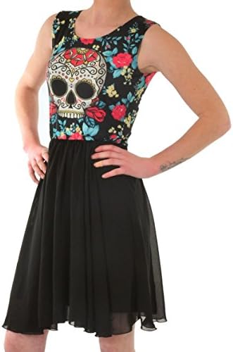 Punk Rock Girl Day of the Dead Flower Sugar Skull Black Chiffon Skirt Party Dress (M)
