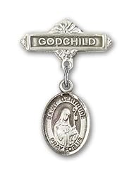 Sterling Silver Baby Badge with St. Gertrude of Nivelles Charm and Godchild Badge Pin